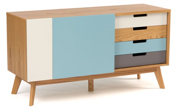 Credenza chaser quercia in legno ingegnerizzato e massiccio, dimensioni 135 x 47 x h71 cm, peso 56 Kg, finitura rovere, blu, bianco