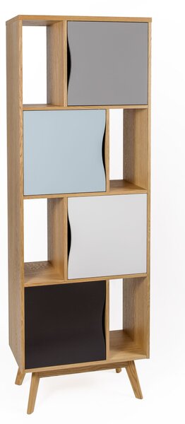 Libreria stretta Avon a stratti in legno ingegnerizzato e massiccio, dimensioni 65 x 35 x h191 cm, peso 40 Kg, finitura rovere, blu, grigio