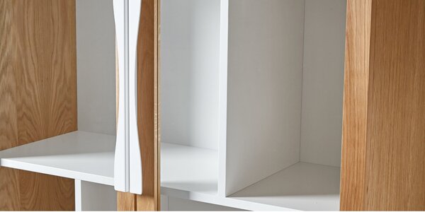 Vetrina Avon bianca in legno ingegnerizzato e solido, vetro, metallo, dimensioni 88 x 40 x h165 cm, peso 55 Kg, finitura rovere, bianco