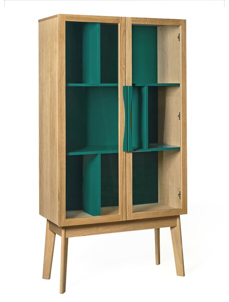 Vetrina Avon colorata in legno ingegnerizzato e solido, vetro, metallo, dimensioni 88 x 40 x h165 cm, peso 55 Kg, finitura rovere, verde-blu