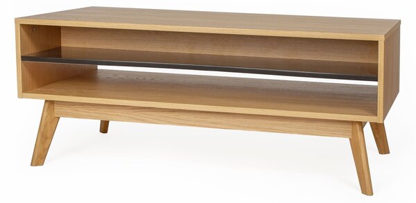 Tavolino Avon in legno ingegnerizzato e massiccio, dimensioni 110 x 60 x h45 cm, peso 27 Kg, finitura rovere, nero
