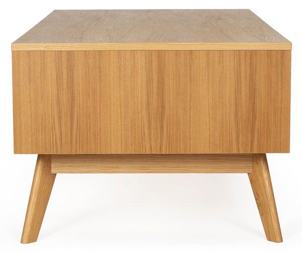 Tavolino Avon in legno ingegnerizzato e massiccio, dimensioni 110 x 60 x h45 cm, peso 27 Kg, finitura rovere, nero