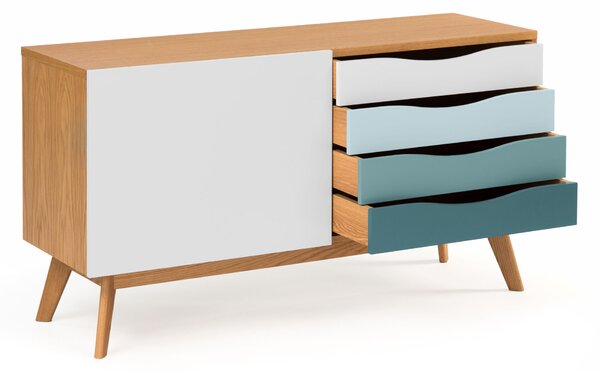 Credenza in abete Avon in legno ingegnerizzato e massiccio, dimensioni 128 x 42 x h71 cm, peso 38 Kg, finitura Abete - blu, bianco