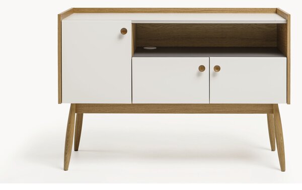 Credenza Farsta in legno ingegnerizzato e massiccio, dimensioni 115 x 42 x h81 cm, peso 34 Kg, finitura bianco, grigio, rovere