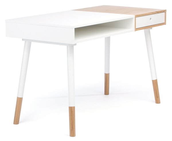 Scrivania Sonnenblick in legno ingegnerizzato e massiccio, dimensioni 120 x 60 x h75 cm, peso 24 Kg, finitura bianco, rovere