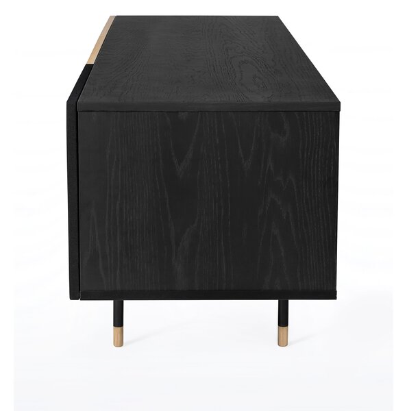 Mobile TV Jugend in legno ingegnerizzato e solido, acciaio, tessuto, dimensioni 150 x 45 x h52 cm, peso 45 Kg, finitura rovere salato, nero