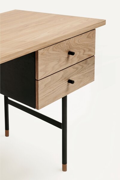 Scrivania Jugend in legno ingegnerizzato e massiccio, acciaio, dimensioni 130 x 65 x h75 cm, peso 29 Kg, finitura rovere, nero