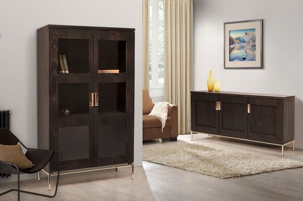 Armadio Pimlico in legno ingegnerizzato e solido, metallo, vetro, dimensioni 90 x 36 x h148 cm, peso 46 Kg, finitura legno scuro, carbone, ottone