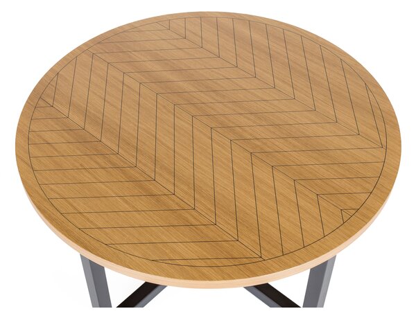 Tavolino Camden con stampa a spina di pesce rotonda in legno ingegnerizzato e massiccio, dimensioni 80 x 80 x h45 cm, peso 13 Kg, finitura rovere, nero