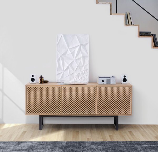 Credenza Camden stampa Diamante in legno ingegnerizzato e massiccio, dimensioni 175 x 45 x h75 cm, peso 48 Kg, finitura legno di quercia, nero