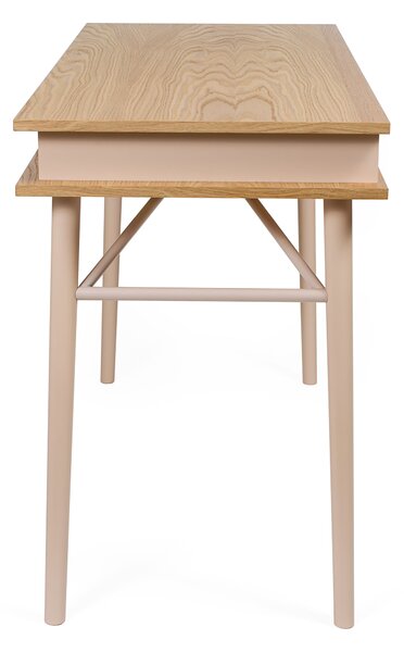 Scrivania Solo in legno ingegnerizzato e massello, lino, pelle, metallo, dimensioni 115 x 50 x h75 cm, peso 21 Kg, finitura rosa cipria, rovere