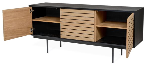 Credenza a righe in legno ingegnerizzato e massiccio, acciaio, dimensioni 161 x 45 x h70 cm, peso 37 Kg, finitura Nero , Rovere