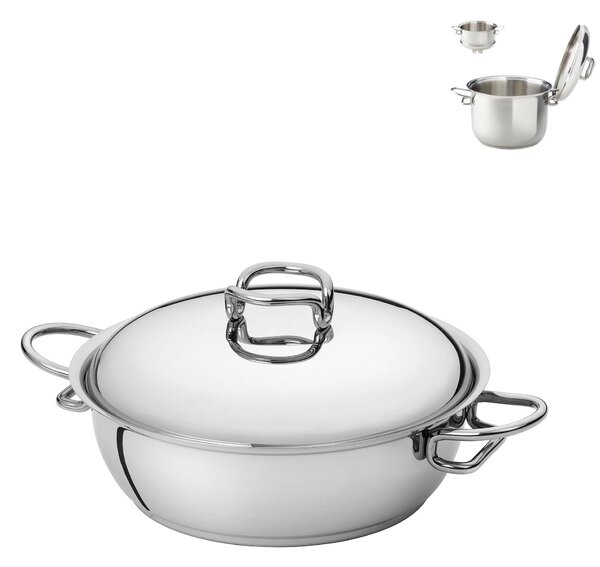 Casseruola Bassa, Tegame 2 manici Acciaio Triplo fondo KAREN �16xh6,2 cm - 1,3 Lt, design Tarcisio Zani coperchio escluso made in Italy
