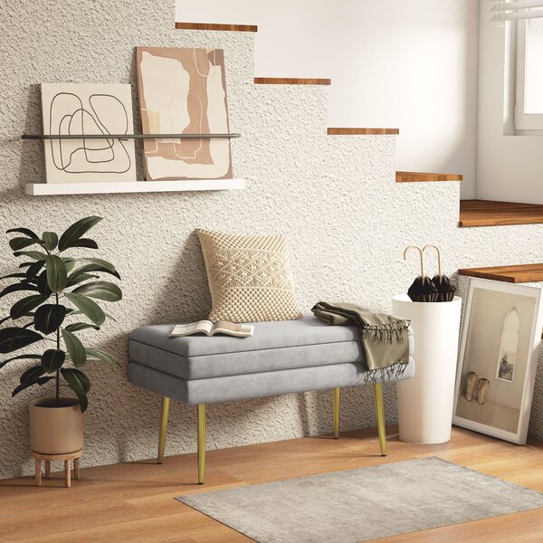 HOMCOM Panca Fondo Letto con Spazio Portaoggetti, in Acciaio e Poliestere, 79.5x37.5x43 cm, Grigia|Aosom