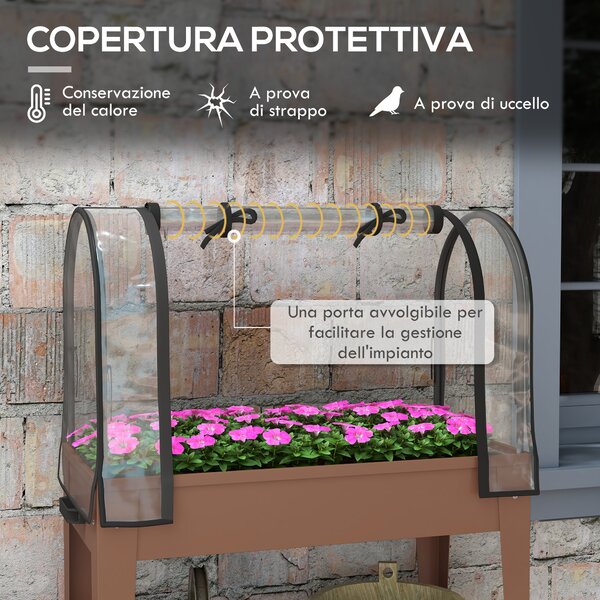 Outsunny Fioriera Rialzata con Mini Serra per Piante, Ruote e Ripiano, 80x40x120cm, Marrone|Aosom