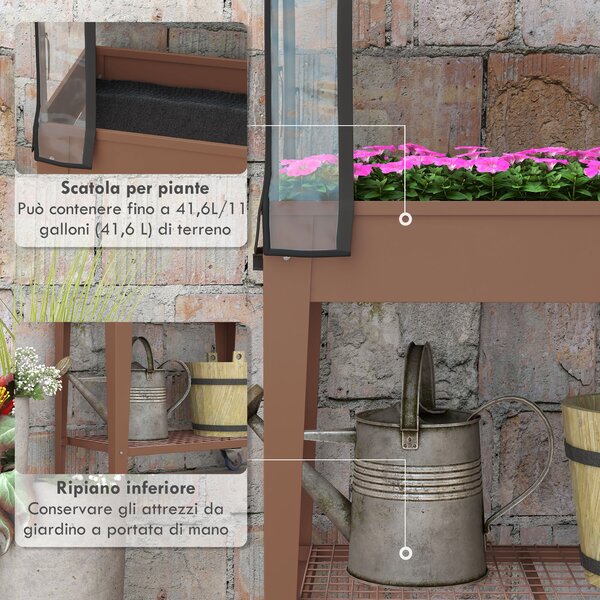 Outsunny Fioriera Rialzata con Mini Serra per Piante, Ruote e Ripiano, 80x40x120cm, Marrone|Aosom