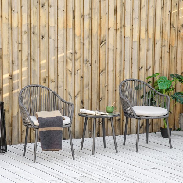 Outsunny Salotto da Giardino in Rattan con 2 Poltroncine con Cuscini e Tavolino da Caffè in Vetro, Grigio|Aosom