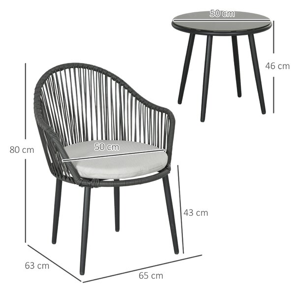 Outsunny Salotto da Giardino in Rattan con 2 Poltroncine con Cuscini e Tavolino da Caffè in Vetro, Grigio|Aosom