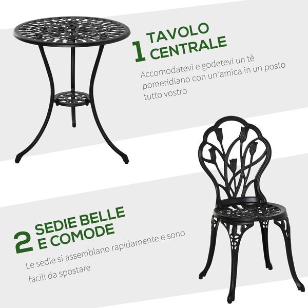 Outsunny Set da Giardino 3 Pezzi in Alluminio con 2 Sedie 42.5x47.5x89 cm e Tavolino Rotondo Ø60x67 cm, Nero|Aosom