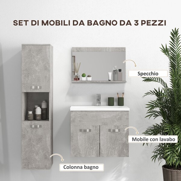 Kleankin Set Mobili Bagno con Mobile Lavabo 60cm e Lavandino in Ceramica, Colonna Bagno e Specchiera, Grigio|Aosom