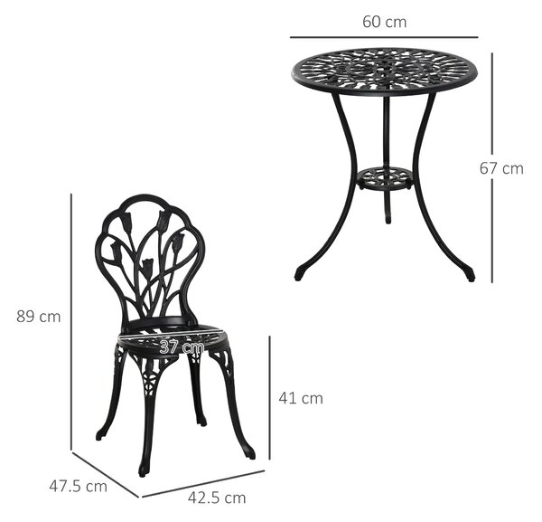 Outsunny Set da Giardino 3 Pezzi in Alluminio con 2 Sedie 42.5x47.5x89 cm e Tavolino Rotondo Ø60x67 cm, Nero|Aosom