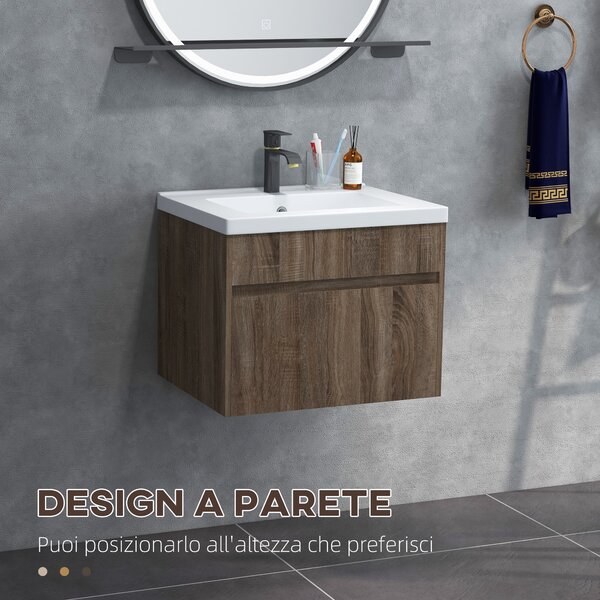 Kleankin Mobile Lavabo da 60cm con Cassetto in Legno e Lavandino in Ceramica, Marrone Chiaro|Aosom