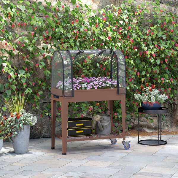 Outsunny Fioriera Rialzata con Mini Serra per Piante, Ruote e Ripiano, 80x40x120cm, Marrone|Aosom