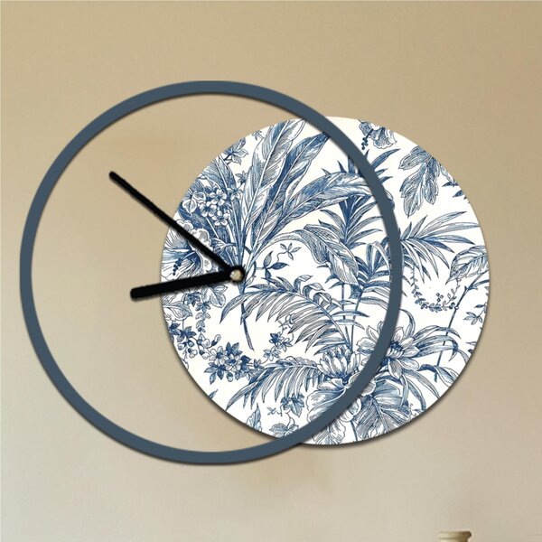 Orologio da parete rotondo INES Moderno Diametro 60-max 75 x5 cm in legno con lancette nere , Foglie tropicali Blu