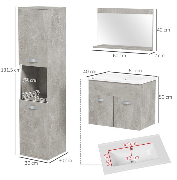 Kleankin Set Mobili Bagno con Mobile Lavabo 60cm e Lavandino in Ceramica, Colonna Bagno e Specchiera, Grigio|Aosom