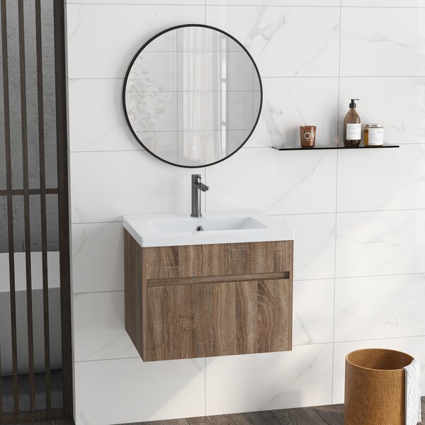 Kleankin Mobile Lavabo da 60cm con Cassetto in Legno e Lavandino in Ceramica, Marrone Chiaro|Aosom