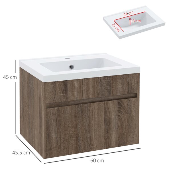 Kleankin Mobile Lavabo da 60cm con Cassetto in Legno e Lavandino in Ceramica, Marrone Chiaro|Aosom