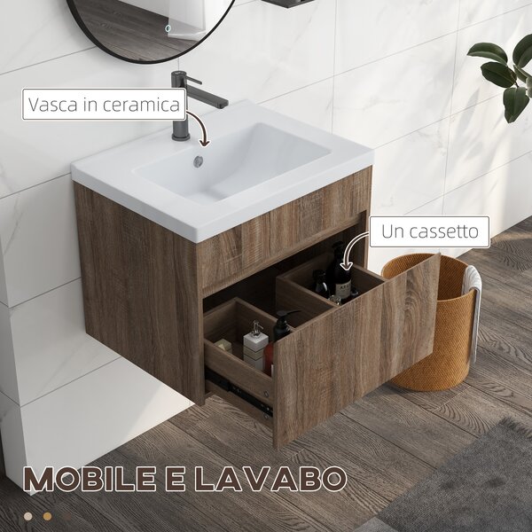 Kleankin Mobile Lavabo da 60cm con Cassetto in Legno e Lavandino in Ceramica, Marrone Chiaro|Aosom