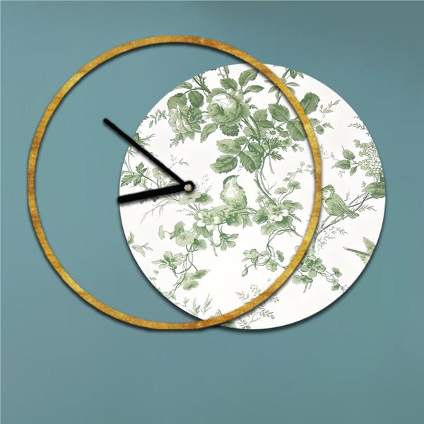 Orologio da parete rotondo ANITA Moderno Diametro 60-max 75 x5 cm in legno con lancette nere , Foglie verdi e foglia oro