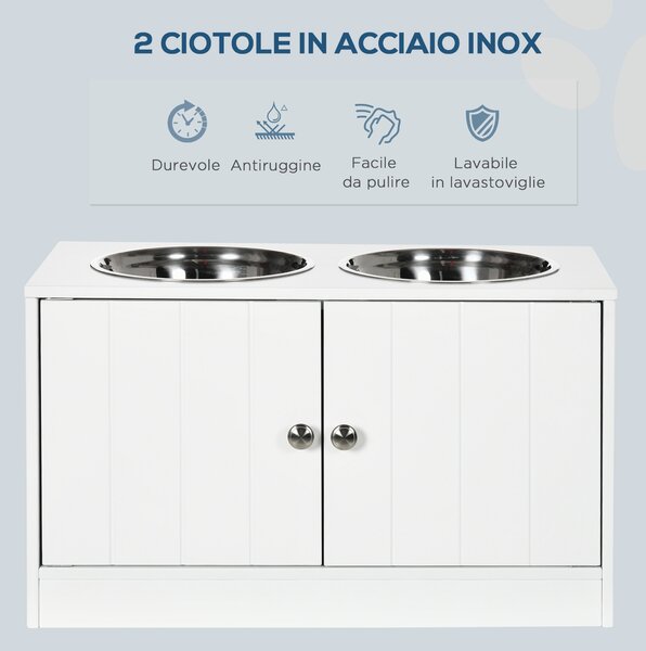 PawHut Ciotole per Cani Rialzate con Armadietto da 44L e 2 Ciotole in Acciaio, 60x30x35.5cm, Bianco|Aosom