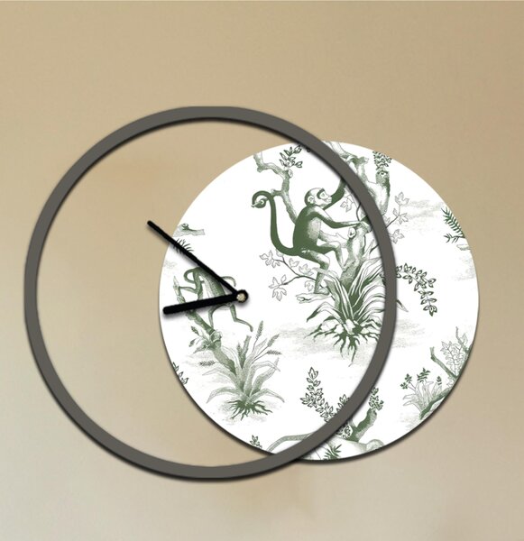 Orologio da parete rotondo MONKEY Moderno Diametro 60-max 75 x5 cm in legno con lancette nere , Rami e foglie nel colore verde