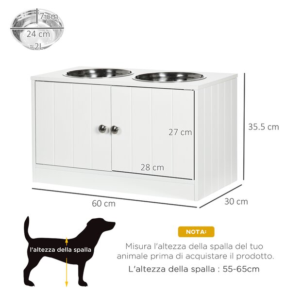 PawHut Ciotole per Cani Rialzate con Armadietto da 44L e 2 Ciotole in Acciaio, 60x30x35.5cm, Bianco|Aosom