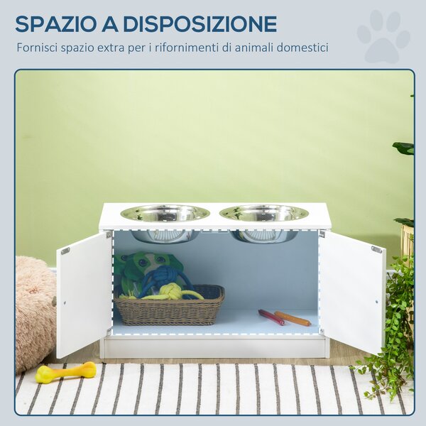 PawHut Ciotole per Cani Rialzate con Armadietto da 44L e 2 Ciotole in Acciaio, 60x30x35.5cm, Bianco|Aosom