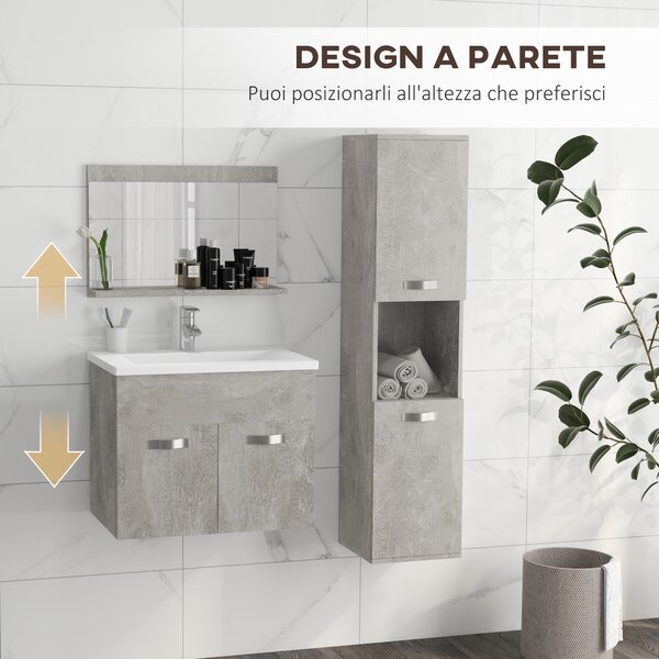 Kleankin Set Mobili Bagno con Mobile Lavabo 60cm e Lavandino in Ceramica, Colonna Bagno e Specchiera, Grigio|Aosom