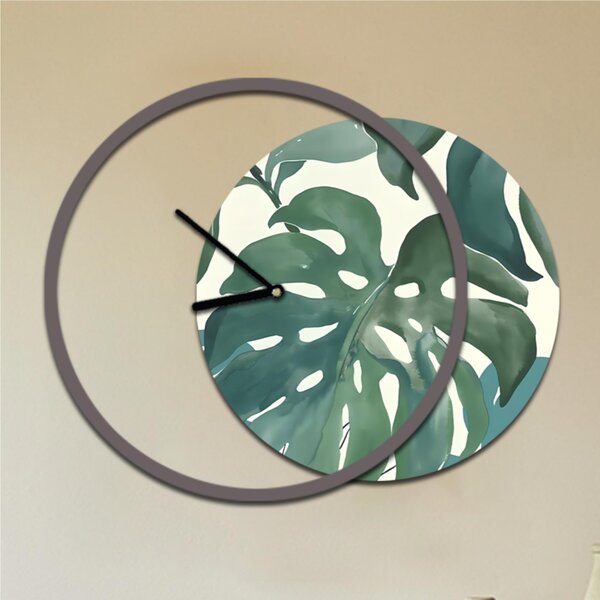 Orologio da parete rotondo MONSTER Moderno Diametro 60-max 75 x5 cm in legno con lancette nere , foglie di Monstera Verdi