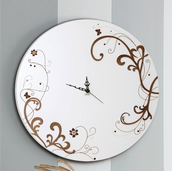 Orologio da parete il legno rotondo con numeri intarsi SPRING Diametro 55x5 cm in legno Tagliato al laser in legno bianco weng�