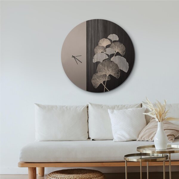 Orologio da tavolo in Metacrilato tagliato al laser Narita diametro 60 cm rappresenta i fiori di Gingko e le loro venature attraverso la marcatura laser