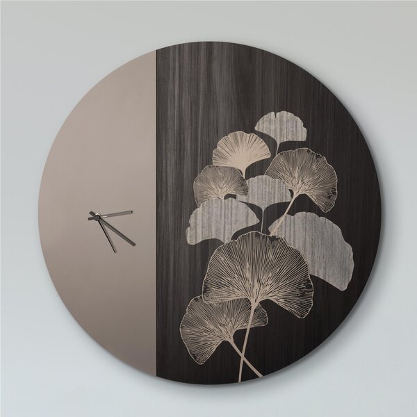Orologio da tavolo in Metacrilato tagliato al laser Narita diametro 60 cm rappresenta i fiori di Gingko e le loro venature attraverso la marcatura laser