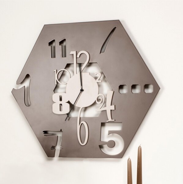 Orologio da parete il legno Esagonale 73x73x5 cm con numeri intarsi ESAGONO in legno Tagliato al laser CACAO,GHIAIA