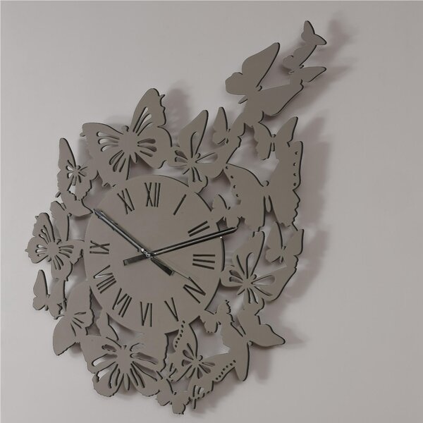 Orologio da parete Rotondo diametro 80 cm in legno VOLO DI FARFALLE tagliato al laser in legno laccato tortora