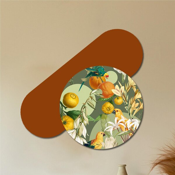 Set di pannelli moderno con stampa tropicale di frutti e pappagalli TERRA DEL FUOCO dimensioni 60X90 CMx100xh1,5 cm legno colore Arancione
