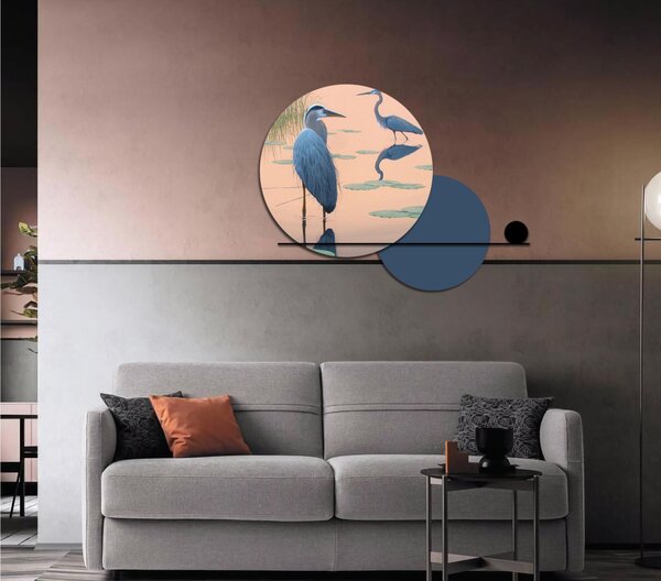 Set di 2 pannelli rotondi moderni con stampa di aironi TIBET rotondi dimensioni 125x90 cm Legno Blu Royal