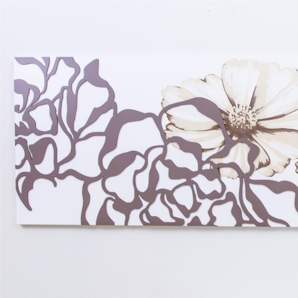 Pannello da parete, quadro da parete PEONIA 150xh50cm orizzontale pannello colore bianco intarsi e marcatura in legno