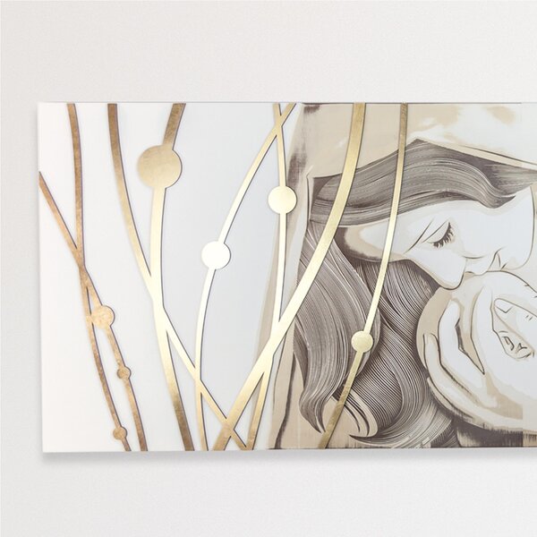 Pannello da parete orizzontale, quadro capezzale letto DEA 150xh50 base in pannello legno colore bianco opaco intarsi con intarsi in Foglia oro