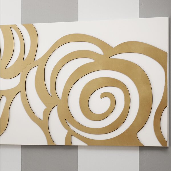 Pannello da parete, quadro da parete ROSES 120xh40cm orizzontale pannello colore bianco intarsi in legno foglia oro