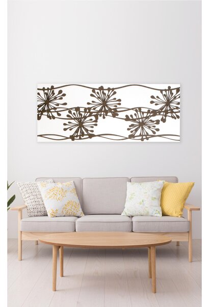 Pannello da parete, quadro da parete ANEMONI 120xh50cm orizzontale pannello colore bianco intarsi e marcatura in legno tortora